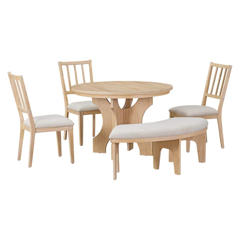5Piece Dining Table Set, 44" Round Dining Table with Curved Bench
